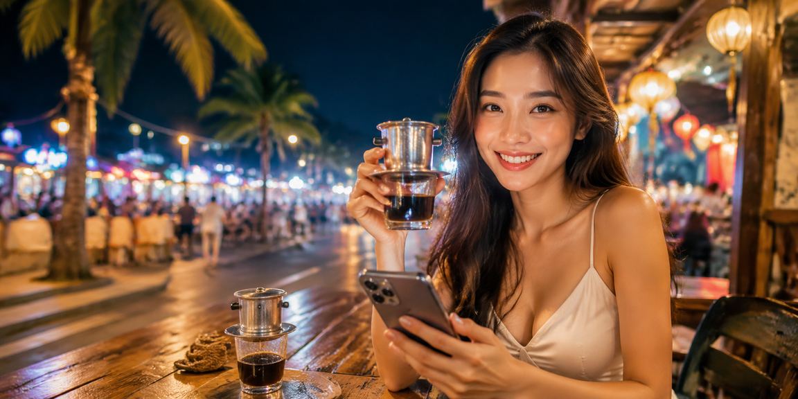Người dùng tại Nha Trang kiểm tra ứng dụng casino trên điện thoại trong quán cà phê buổi tối